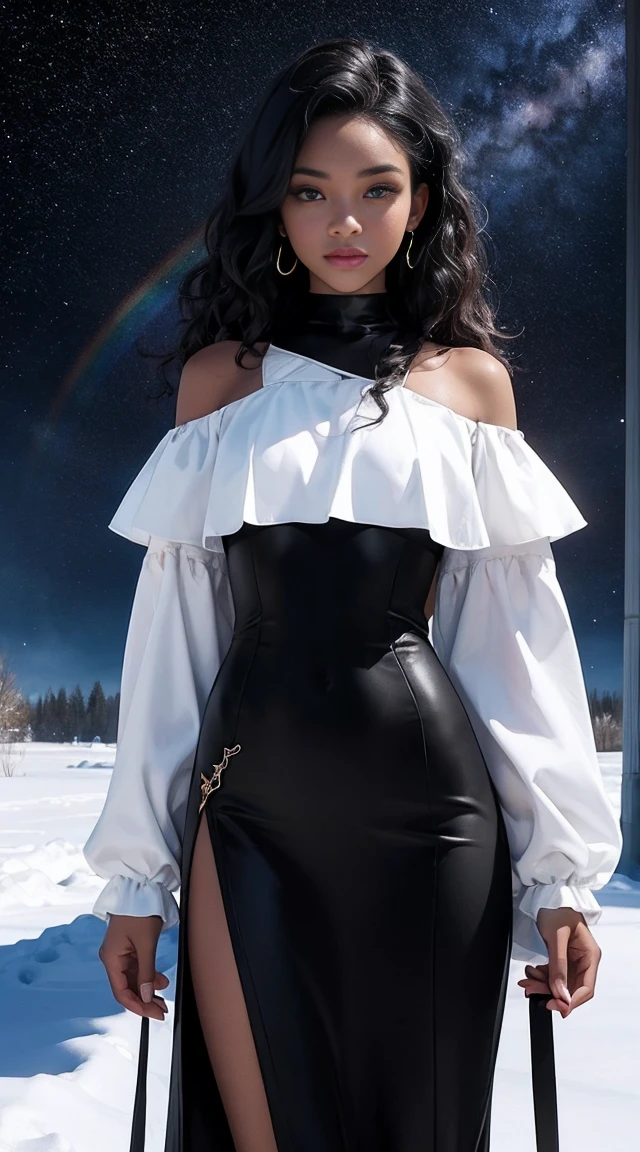 black woman, skin reference pantone black 3 C, long snow-white curly hair, rainbow eyes, wearing a fine shiny silk fabric. The background is a hall of the universe. 8k, best quality masterpiece