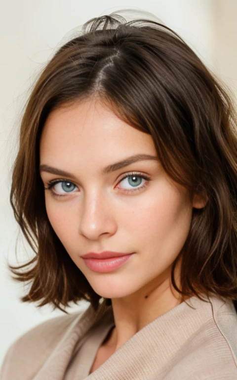 Beautiful brunette in a light beige sweater (nail care in a modern beauty salon), very detailed, 21 years old, innocent face, natural wavy hair, Blue eyes, a high resolution, masterpiece, Best quality, complex parts, very detailed, Sharp Focus, Detailed skin, realistic skin texture, texture, Detailed eyes, professional, 4K, Charming smile, shot on Canon, 85 mm, Shallow depth of field, Kodak Vision Color, perfectly toned body, extremely detailed, photor_\(ultra\), photorealistic, Realistic, Treatment after, Maximum details, roughness, real life, ultra realist, photorealism, photo, 8k contract, photo