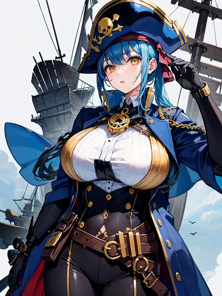 (((masterpiece、Highest image quality、highest quality、highly detailed unity 8kwallpaper)))、((Illustration of one girl、upper body))、(((beautiful girl)))、(fantasy、female pirate)、(Light light blue hair、short ponytail:1.2、yellow eyes)、(((Right hand is a prosthetic hand、steampunk prosthetic arm)))、((tall))、bulky figure, massive frame, thick neck, sturdy arms, powerful legs、(captain's suit、Pirate hat、Blue coat)、pier、pirate ship anchored