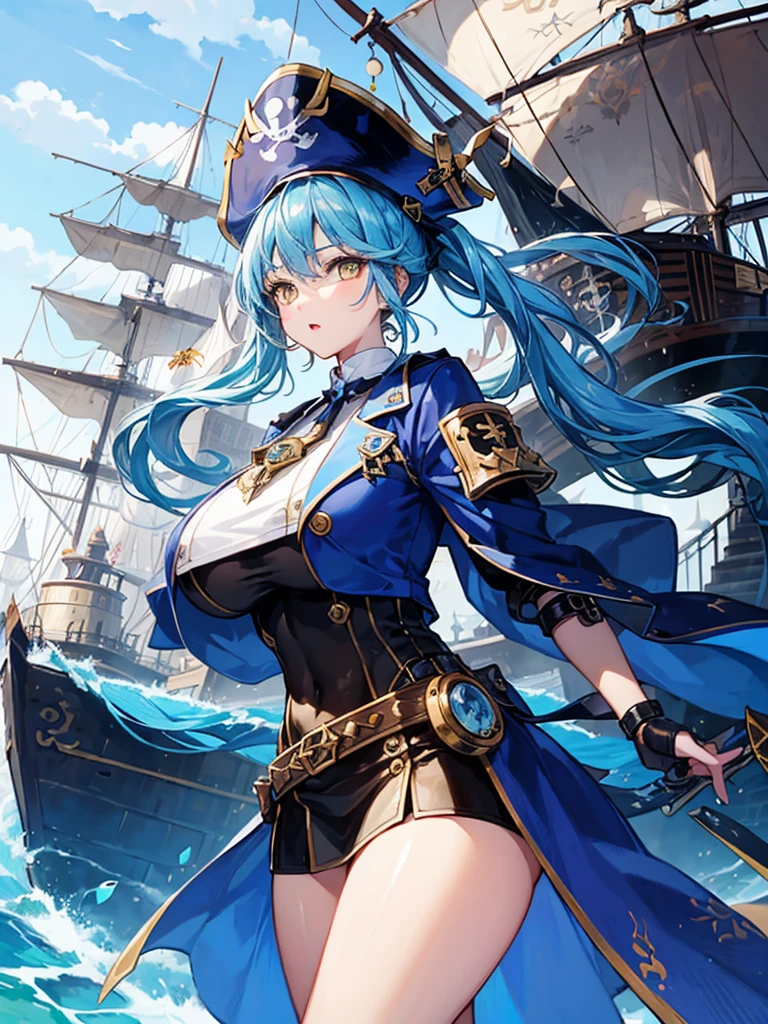 （（（masterpiece、Highest image quality、highest quality、highly detailed unity 8ｋwallpaper）））、（（Illustration of one girl、upper body））、（（（beautiful girl）））、（fantasy、female pirate）、（Light light blue hair、short ponytail：1.2、yellow eyes）、（（（Right hand is a prosthetic hand、steampunk prosthetic arm）））、（（tall））、bulky figure, massive frame, thick neck, sturdy arms, powerful legs、（captain&#39;s suit、Pirate hat、Blue coat）、pier、pirate ship anchored