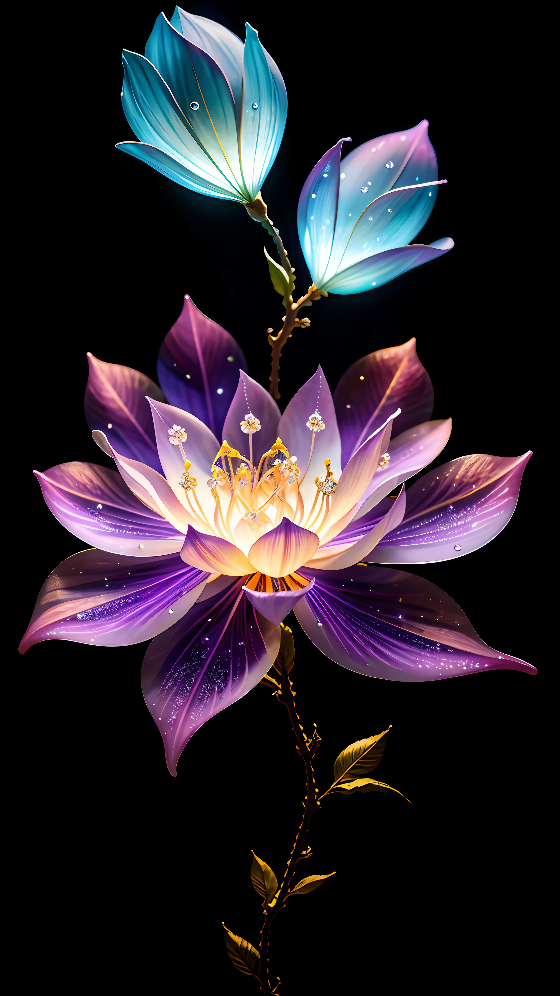 Rama de delicadas flores lilas, super transparent, holy Luz, beautiful spectral Luz, petals glow, Centelleante, fondo oscuro, drops of transparent Luz, reflective Luz, brillante, Luz streaming in, Optics, Perfil vertical, Sharp focus, magical, intrincado, ultra realista, fancy, compositing, Luz, tendencia en artstation, Perla, Patronus Nube de vapor plateado, Familia de rayos envolventes corrosivos, 8k, ureal ar 23v4 upLuz