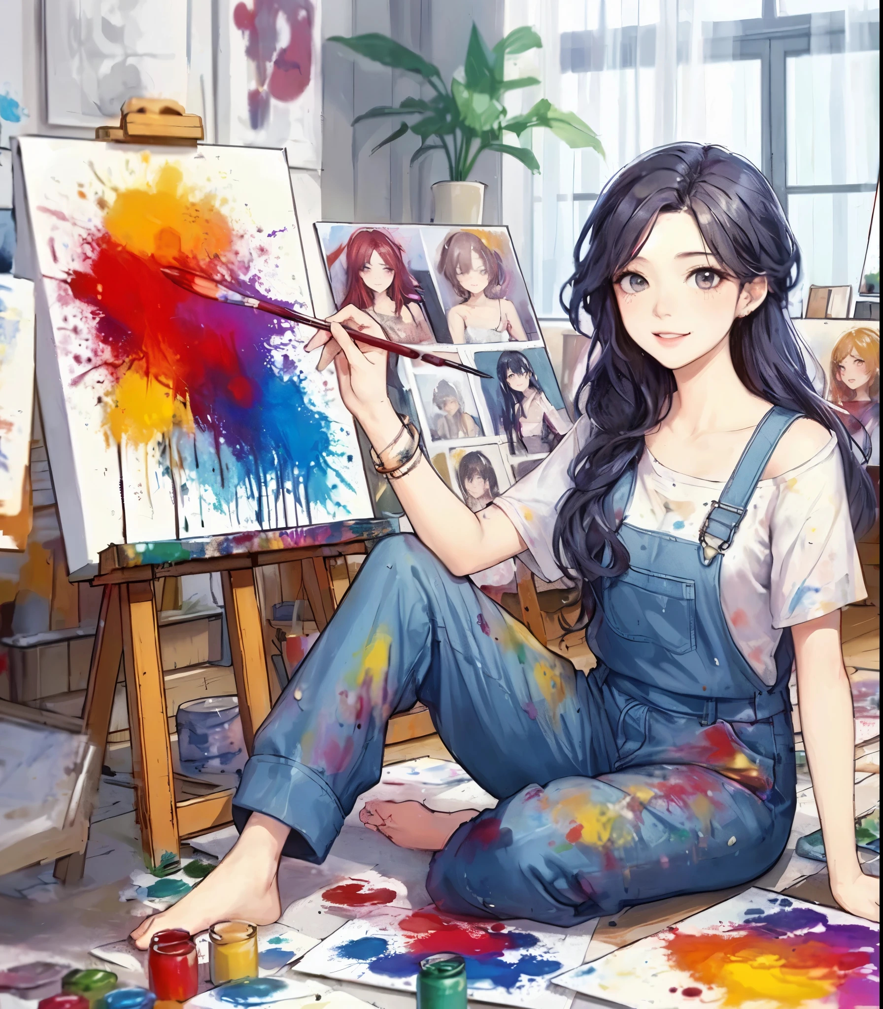1lady solo, (painting (a spattering painting) on a canvas), sitting, (jumpsuit splattered with various colors of paint) stylish, mature female, /(black hair/) bangs, blush kind smile, (masterpiece best quality:1.2) delicate illustration ultra-detailed, medium breasts BREAK (spattering painting) (ink splatter:1.1), (primary colors), (painting brush), (palette of paints) BREAK (artist's studio indoors), (various works on the wall and the floor)