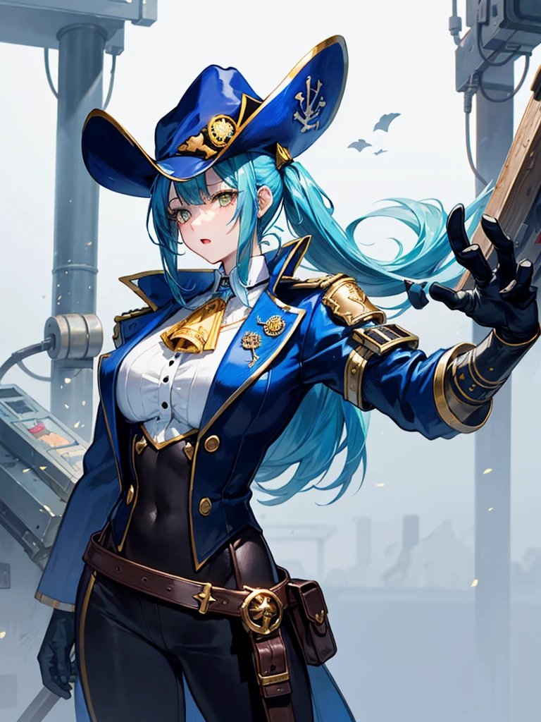 (((masterpiece、Highest image quality、highest quality、highly detailed unity 8kwallpaper)))、((Illustration of one girl、upper body))、(((beautiful girl)))、(fantasy、female pirate)、(Light light blue hair、short ponytail:1.2、yellow eyes)、(((Right hand is a prosthetic hand、steampunk prosthetic arm)))、((tall))、bulky figure, massive frame, thick neck, sturdy arms, powerful legs、(captain's suit、Pirate hat、Blue coat)