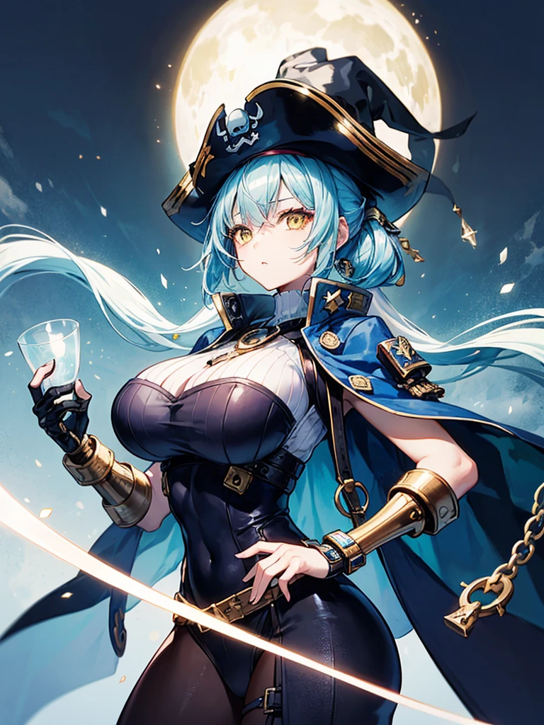 (((masterpiece、Highest image quality、highest quality、highly detailed unity 8kwallpaper)))、((Illustration of one girl、upper body))、(((beautiful girl)))、(fantasy、female pirate)、(Light light blue hair、short ponytail:1.2、yellow eyes)、(((Right hand is a prosthetic hand、steampunk prosthetic arm)))、((tall))、bulky figure, massive frame, thick neck, sturdy arms, powerful legs、(captain's suit、Pirate hat、Blue coat)