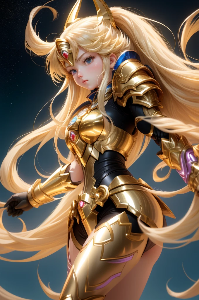  Saint Seiya，1 girl，blond，Gradient，Gradient背景，long hair，solo，1 girl，blond，bow，Gloves，long hair，Fantastic girl，solo ,