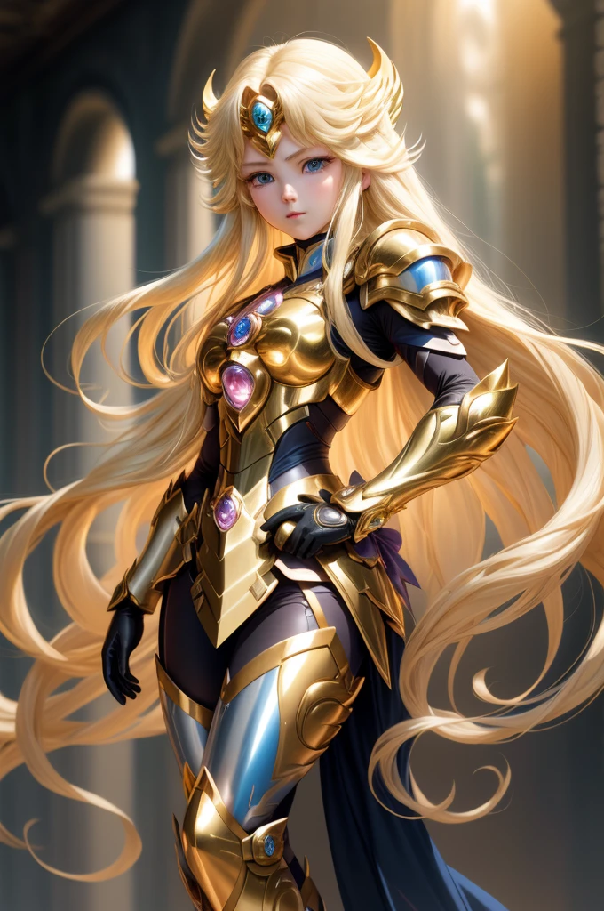  Saint Seiya，1 girl，blond，Gradient，Gradient背景，long hair，solo，1 girl，blond，bow，Gloves，long hair，Fantastic girl，solo ,