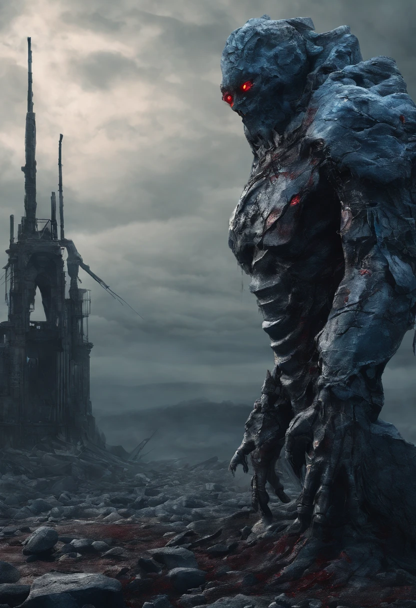 Stone monster, Ruby Eyes,lumpy arms,Stone Texture, blue core on chest,  Blood fog,Dark and moody colors, High resolution artwork, Photorealistic style