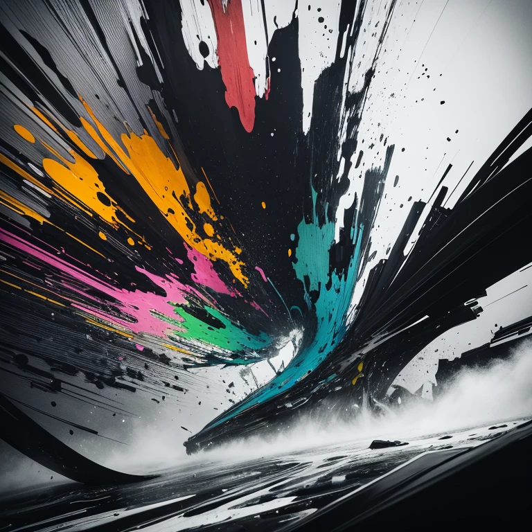 (highres,ultra-detailed),ink splatter,abstract art,black, white, yellow, green, purple, pink, blue, orange, red,splattered ink,fluid motion,chaotic patterns,dynamic lines,emphasis on texture,depth and dimension,organic shapes and forms,contrast,interplay of light and shadow,dripping ink,splashing and spreading ink,mesmerizing composition,expressive strokes and marks,subtle variations in opacity,ink bleed and blending,unpredictable and spontaneous,visceral and raw emotion,sense of movement and energy,layered and complex visuals,gritty and edgy,graceful and elegant,contemporary and avant-garde,unique and captivating,monochrome color scheme,surreal and dreamlike atmosphere,playful and experimental,imaginative and thought-provoking.