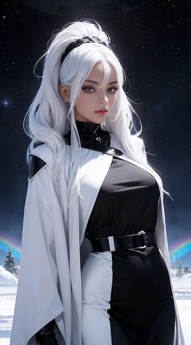 black woman, skin reference pantone black 3 C, long snow-white hair, rainbow eyes, wearing a fine shiny silk fabric. The background is a hall of the universe. 8k, best quality masterpiece