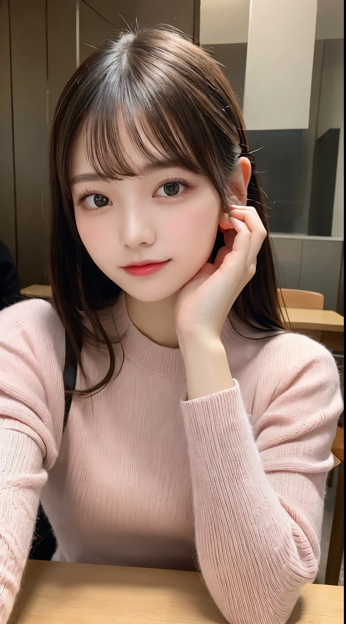 fine details, high resolution, high quality、Perfect dynamic composition, Beautiful and delicate eyes, medium hair, 、natural color lips,Kamimei、Shibuya、20 year old girl、1 person、clear skin、glowing hair、on the table, best quality, illustration, Super detailed, fine details, high resolution, 8k、The correct state of the human body、Strike any cute pose,ponytail,,perfect beautiful face,KPOP idol face,There is a feeling of ecstasy on the face,Pale pink knitted dress,background blur,strike a brave pose