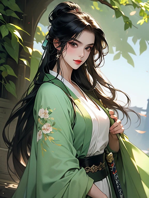 (best quality), ((masterpiece)), (highres), illustration, original, extremely detailed,licg, 1girl, weapon, long hair, 1boy, black hair, sword, crossed arms, holding, chinese clothes, looking at viewer, hanfu, holding weapon, long sleeves, hair bun, standing, single hair bun, outdoors, day, ponytail, closed mouth, robe, holding sword, high ponytail, smile