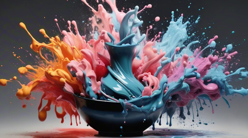 ink splash, paint splatter, exploding vase, panoramic, Ultra high saturation, (best quality, masterpiece, Representative work, official art, Professional, 8k)