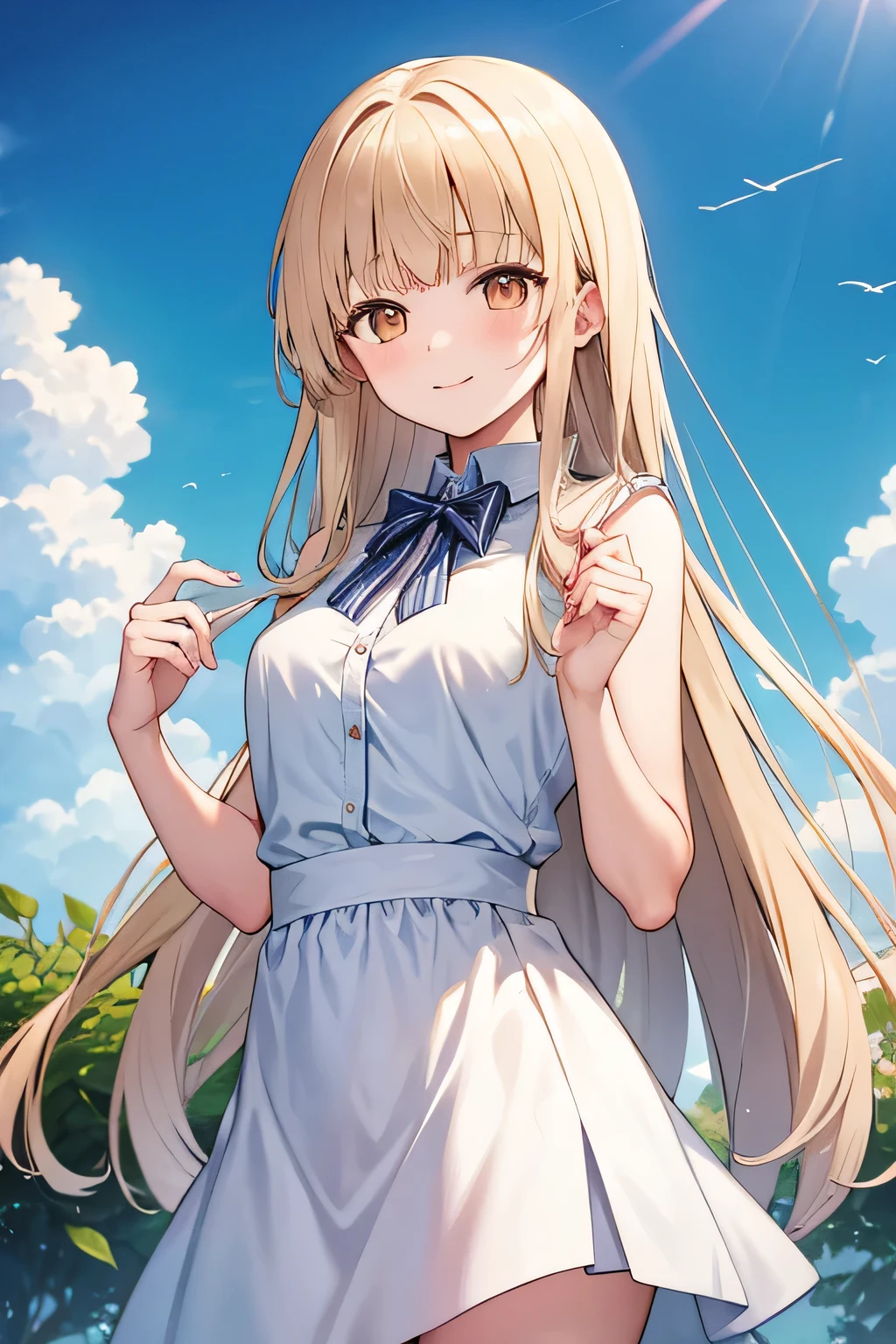 blonde hair, outdoor, 1 girl cute, 4k quality, 4k resolutions, long hair, orange eyes, wearing white shirt, blunt bangs, smile