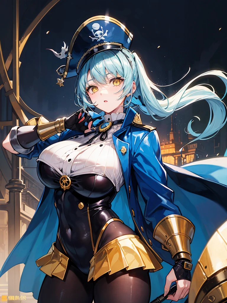（（（masterpiece、Highest image quality、highest quality、highly detailed unity 8ｋwallpaper）））、（（Illustration of one girl、upper body））、（（（beautiful girl）））、（fantasy、female pirate）、（Light light blue hair、short ponytail：1.2、yellow eyes）、（（（Right hand is a prosthetic hand、steampunk prosthetic arm）））、（（tall））、bulky figure, massive frame, thick neck, sturdy arms, powerful legs、（captain&#39;s suit、Pirate hat、Blue coat）