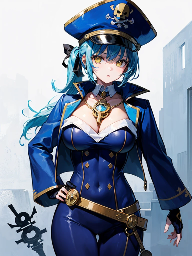 (((masterpiece、Highest image quality、highest quality、highly detailed unity 8kwallpaper)))、((Illustration of one girl、upper body))、(((beautiful girl)))、(female pirate)、(Light light blue hair、short ponytail:1.2、yellow eyes)、((tall))、(((muscle girl, muscle, bulky figure, massive frame, thick neck, sturdy arms, powerful legs)))、(captain's suit、Pirate hat、Blue coat)、Pirate ship deck