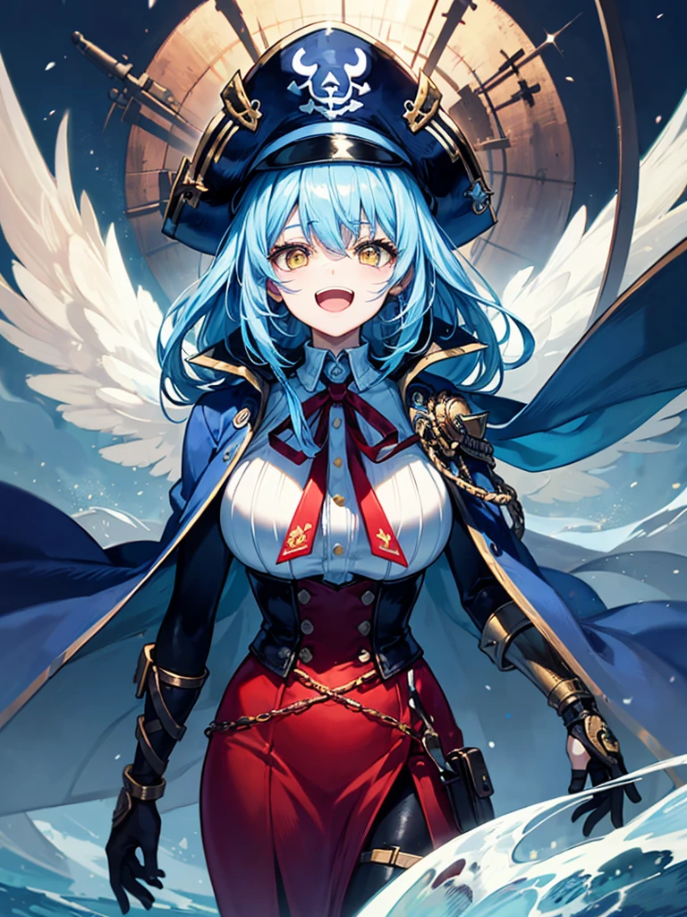 （（（masterpiece、Highest image quality、highest quality、highly detailed unity 8ｋwallpaper）））、（（Illustration of one girl、upper body））、（（（beautiful girl）））、（fantasy、female pirate）、（Light light blue hair、short ponytail：1.2、yellow eyes）、（（（Right hand is a prosthetic hand、steampunk prosthetic arm）））、（（tall））、bulky figure, massive frame, thick neck, sturdy arms, powerful legs、（captain&#39;s suit、Pirate hat、Blue coat）