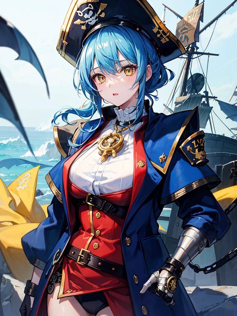 (((masterpiece、Highest image quality、highest quality、highly detailed unity 8kwallpaper)))、((Illustration of one girl、upper body))、(((beautiful girl)))、(fantasy、female pirate)、(Light light blue hair、short ponytail:1.2、yellow eyes)、(((Right hand is a prosthetic hand、steampunk prosthetic arm)))、((tall))、bulky figure, massive frame, thick neck, sturdy arms, powerful legs、(captain's suit、Pirate hat、Blue coat)