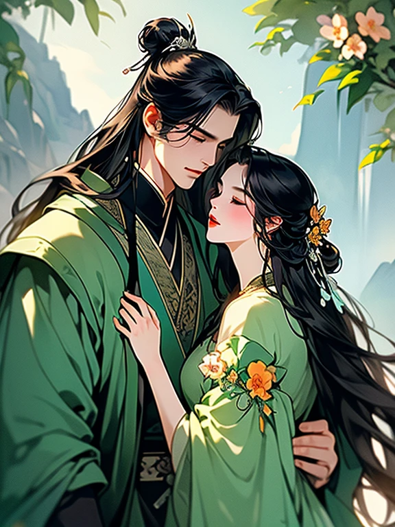 (best quality), ((masterpiece)), (highres), illustration, original, extremely detailed, licg, 1girl, flower, 1boy, hair ornament, hair bun, black hair, single hair bun, branch, mountain, jewelry, long hair, chinese clothes, hair flower, long sleeves, hetero, closed eyes