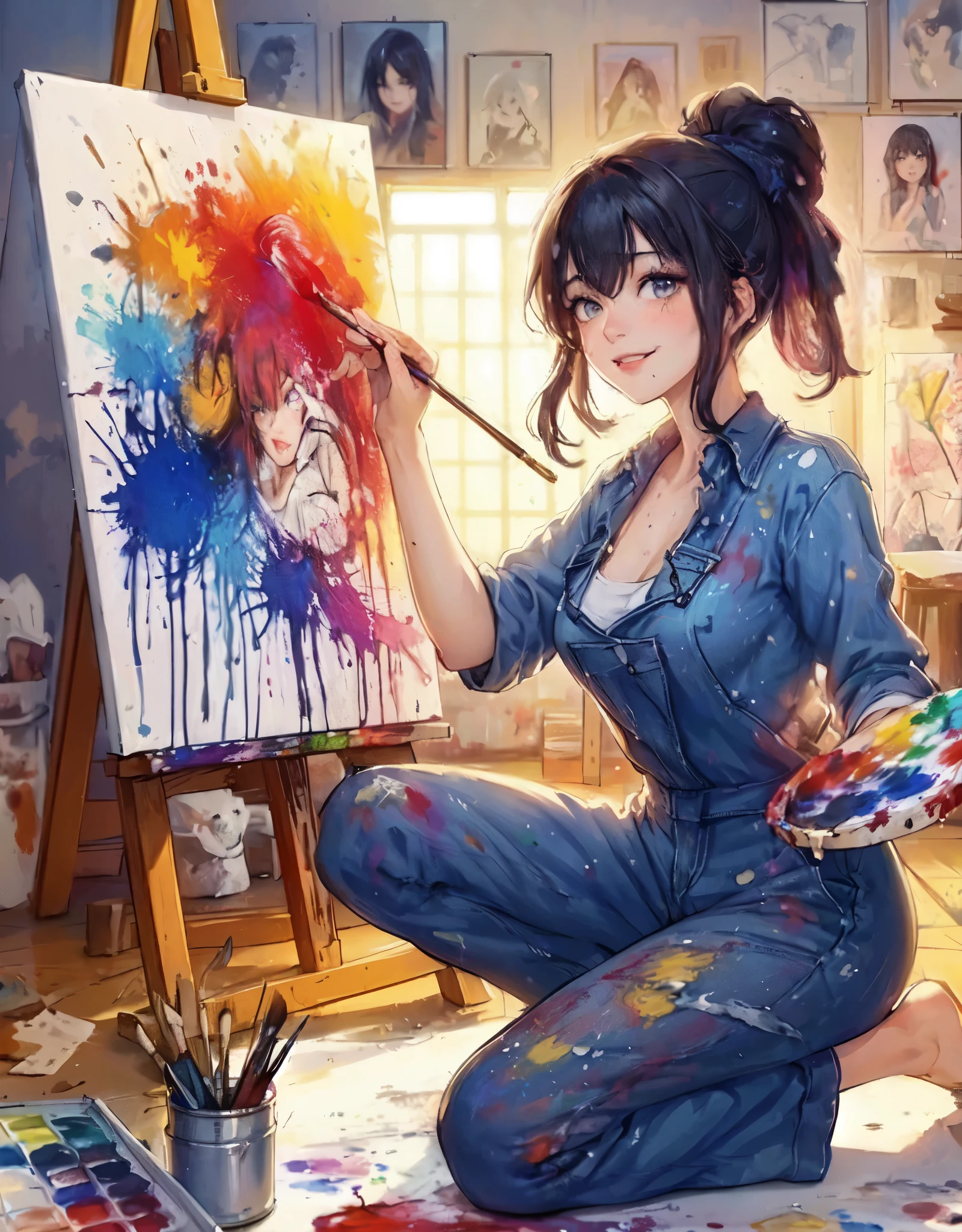 1lady solo, (painting (a spattering painting) on a canvas), sitting, (jumpsuit splattered with various colors of paint) stylish, mature female, /(black hair/) bangs, blush kind smile, (masterpiece best quality:1.2) delicate illustration ultra-detailed, medium breasts BREAK (spattering painting) (ink splatter:1.1), (primary colors), (painting brush), (palette of paints) BREAK (artist's studio indoors), (various works on the wall and the floor)