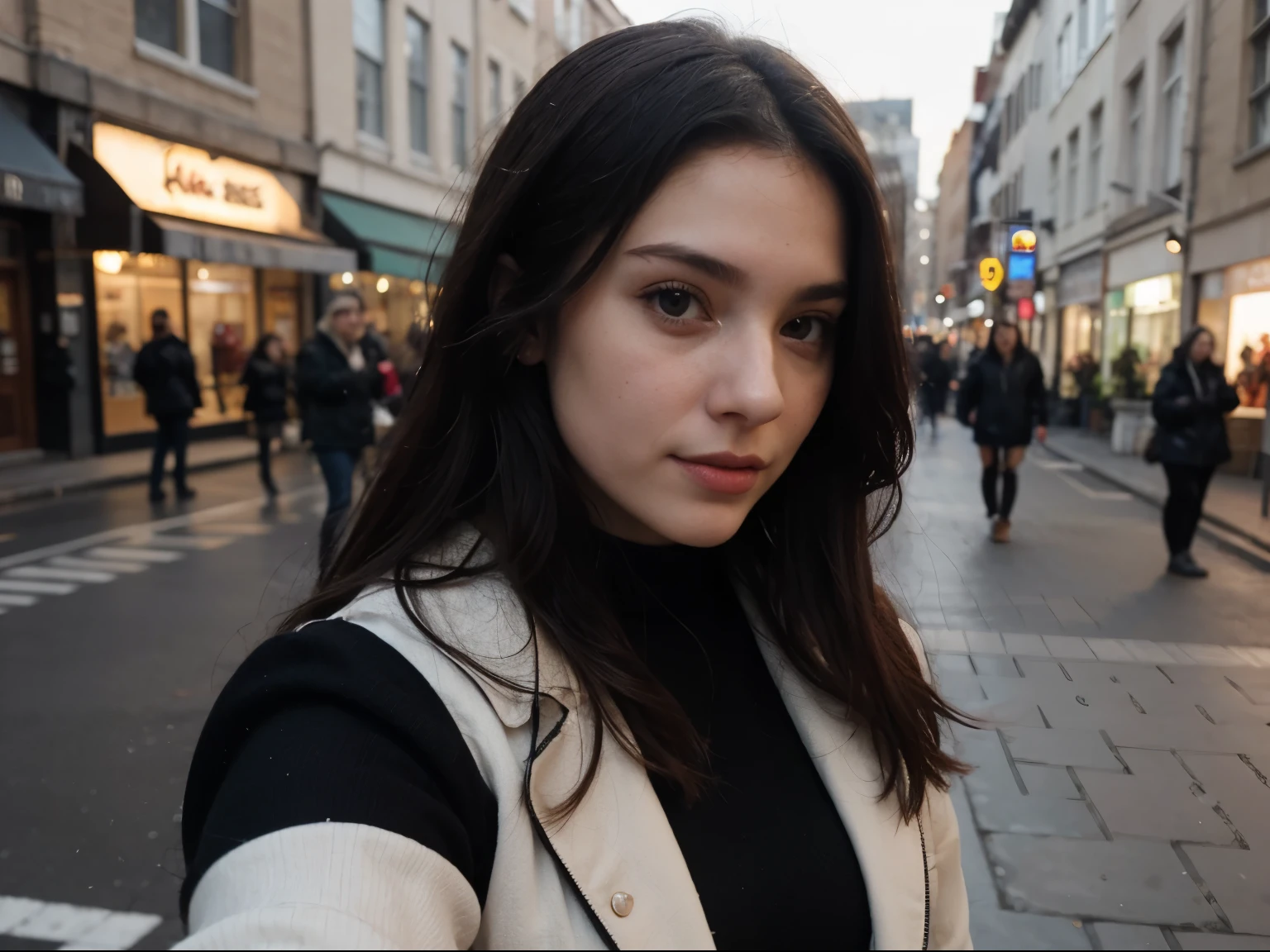selfie photography of a 24 years old woman, perfect face, masterpiece, street  waist shot , black warm dress , winter , long black hair , shopping
