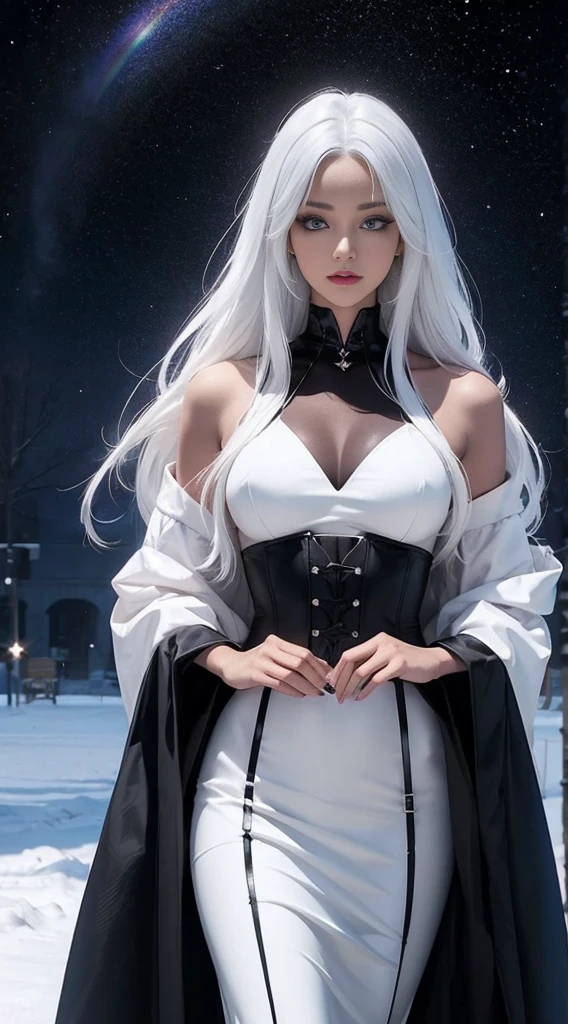 black woman, skin reference pantone black 3 C, long snow-white hair, rainbow eyes, wearing a fine shiny silk fabric. The background is a hall of the universe. 8k, best quality masterpiece, black woman of 40 years old