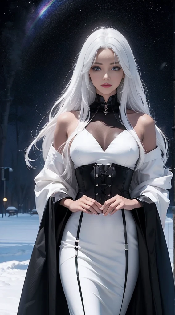 black woman, skin reference pantone black 3 C, long snow-white hair, rainbow eyes, wearing a fine shiny silk fabric. The background is a hall of the universe. 8k, best quality masterpiece, black woman of 40 years old