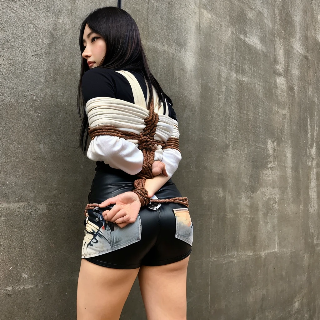 (shibari, arms behind back:1.4), (hands on back), (masterpiece, best quality) 1.5, 1girl, solo, (sexy, beautiful woman, perfect face, perfect eyes), tifa lockhart, black leather dress, sneakers, (reddish brown eyes, black hair, long hair),bondage shibari ,tied up