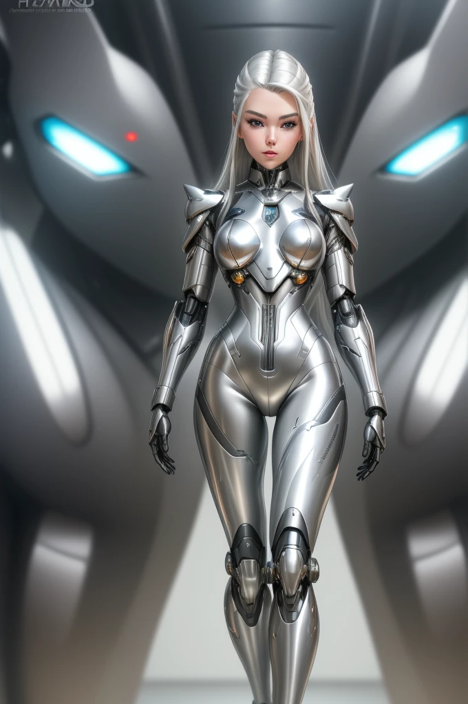 silver garment，tights，woman，Perfect body，Detail showcased，sexy，Fantasy，magic，Metal streamlined mecha，Streamlined machinery，Humanity，jumpsuit，Streamlined cyberpunk style，highest detail，Futurism，perfect girl，cute cyborg girl，Cyborg-silver-haired girl，beautiful women，Girl in mecha armor，HD，high quality， best quality ,