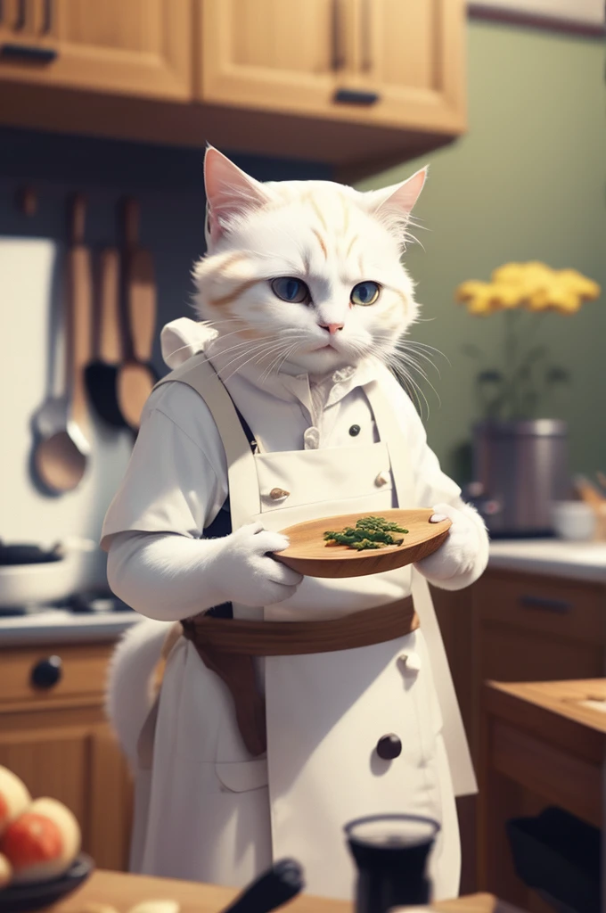 White cat, HDR,UHD,8K,Highly detailed,realistic,photo-realistic:1.37),best quality,masterpiece,chef,cooking in the kitchen,food.
