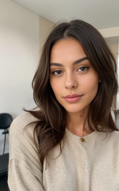 Beautiful brunette in a light beige sweater (nail care in a modern beauty salon), very detailed, 38 years, innocent face, oval, natural wavy hair, Brown eyes, a high resolution, masterpiece, Best quality, complex parts, very detailed, Sharp Focus, Detailed skin, realistic skin texture, texture, Detailed eyes, professional, 4K, Charming smile, shot on Canon, 85 mm, Shallow depth of field, Kodak Vision Color, perfectly toned body, extremely detailed, photor_\(ultra\), photorealistic, Realistic, Treatment after, Maximum details, roughness, real life, ultra realist, photorealism, photo, 8k contract, photo
