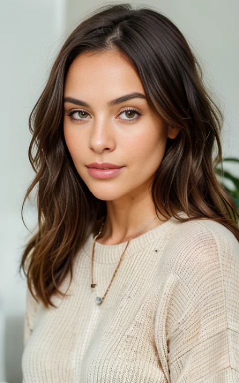 Beautiful brunette in a light beige sweater (nail care in a modern beauty salon), very detailed, 38 years, innocent face, oval, natural wavy hair, Brown eyes, a high resolution, masterpiece, Best quality, complex parts, very detailed, Sharp Focus, Detailed skin, realistic skin texture, texture, Detailed eyes, professional, 4K, Charming smile, shot on Canon, 85 mm, Shallow depth of field, Kodak Vision Color, perfectly toned body, extremely detailed, photor_\(ultra\), photorealistic, Realistic, Treatment after, Maximum details, roughness, real life, ultra realist, photorealism, photo, 8k contract, photo