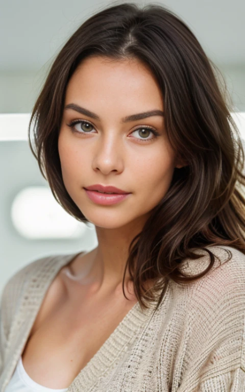 Beautiful brunette in a light beige sweater (nail care in a modern beauty salon), very detailed, 38 years, innocent face, oval, natural wavy hair, Brown eyes, a high resolution, masterpiece, Best quality, complex parts, very detailed, Sharp Focus, Detailed skin, realistic skin texture, texture, Detailed eyes, professional, 4K, Charming smile, shot on Canon, 85 mm, Shallow depth of field, Kodak Vision Color, perfectly toned body, extremely detailed, photor_\(ultra\), photorealistic, Realistic, Treatment after, Maximum details, roughness, real life, ultra realist, photorealism, photo, 8k contract, photo