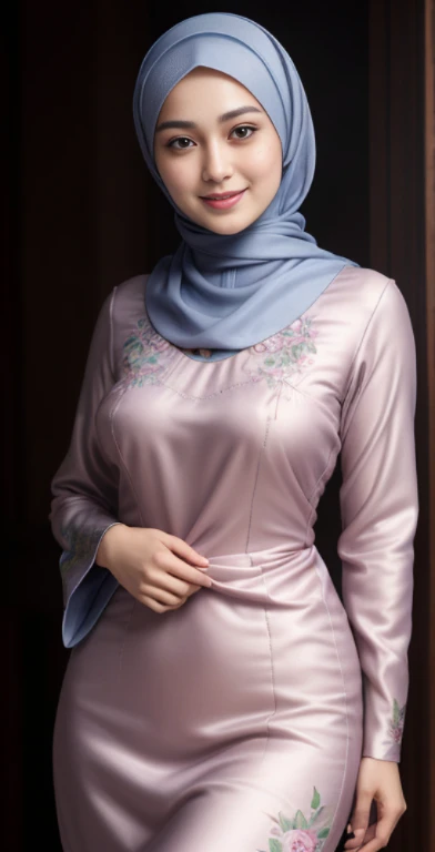 Luna Maya, slim faces, (RAW photo:1.2), (photorealistic:1.4),(masterpiece:1.3),(best quality:1.4),ultra high res,(detailed eyes),(detailed facial features),(detailed clothes features),HDR,8k resolution, skin tight, (((high detailed skin,visible pores))),1 girl, tall body, slim faces, body abs:1.2, , 30 years old, firm round breast:1.4, wearing tight close beie pastel floral silk malay gamis with hijab, full body, beautiful shy smile,  wearing high heels