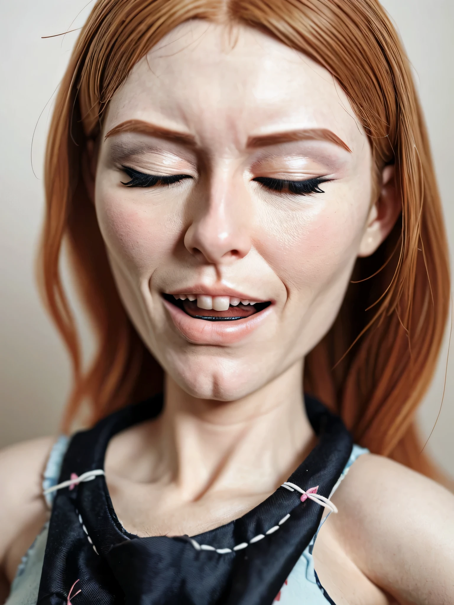 hyper-realistic people that have the mouth and eyes closed and sewn with sewing thread