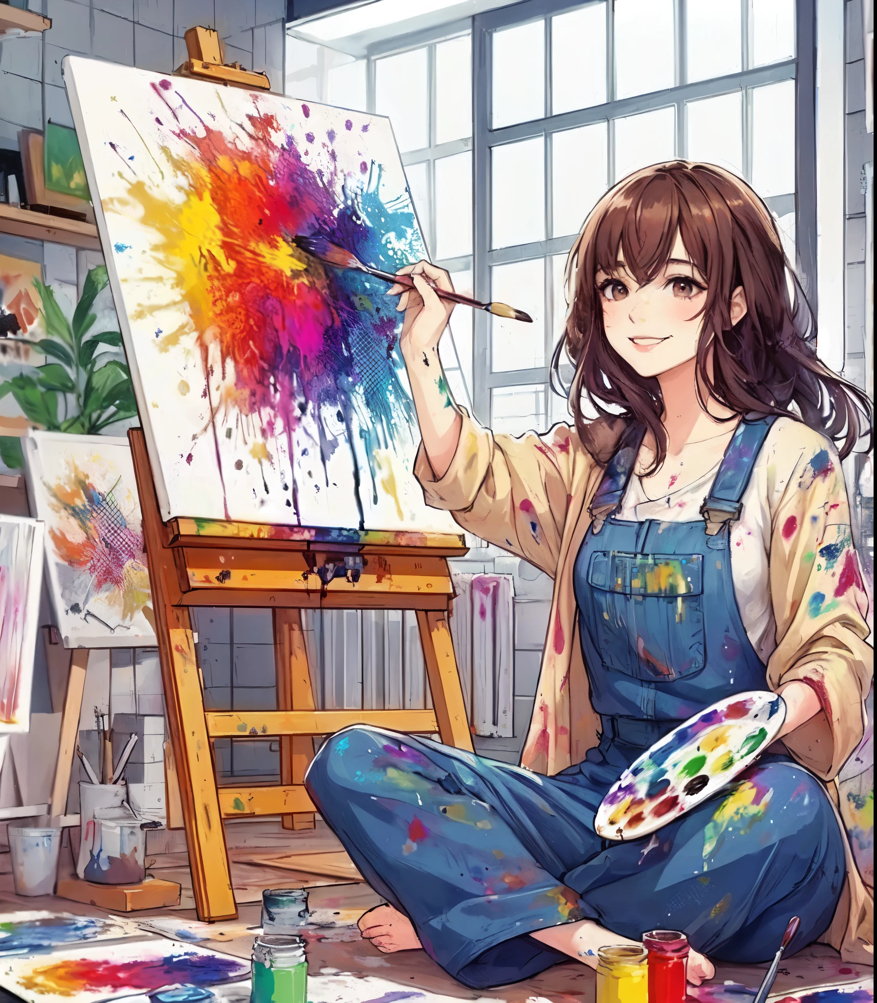 1lady solo, (painting (a spattering painting) on a canvas), sitting, (jumpsuit splattered with various colors of paint) stylish, mature female, /(dark brown hair/) bangs, blush kind smile, (masterpiece best quality:1.2) delicate illustration ultra-detailed, medium breasts BREAK (spattering painting) (ink splatter:1.1), (primary colors), (painting brush), (palette of paints) BREAK (artist's studio indoors), (various works on the wall and the floor)
