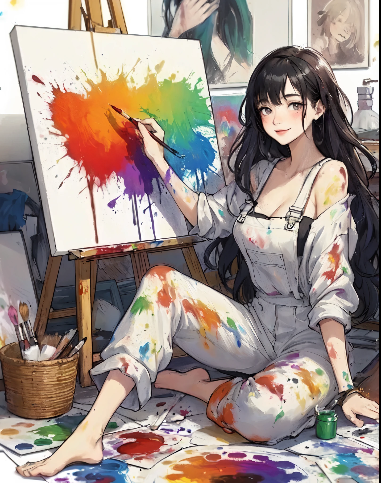 1lady solo, (painting (a spattering painting) on a canvas), sitting, (jumpsuit splattered with various colors of paint) stylish, mature female, /(black hair/) bangs, blush kind smile, (masterpiece best quality:1.2) delicate illustration ultra-detailed, medium breasts BREAK (spattering painting) (ink splatter:1.1), (primary colors), (painting brush), (palette of paints) BREAK (artist's studio indoors), (various works on the wall and the floor)