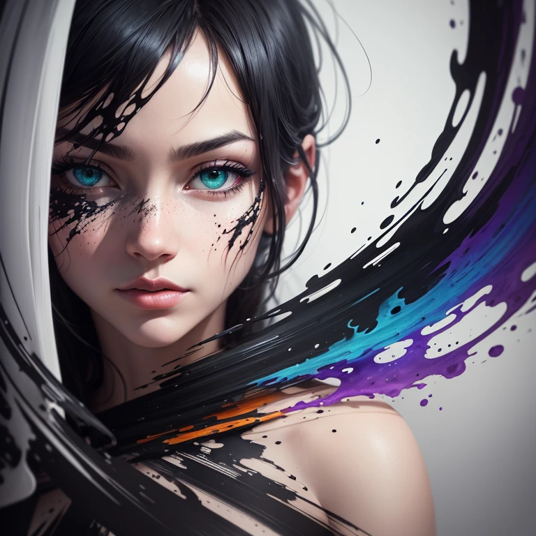 (best quality,4k,8k,highres,masterpiece:1.2),ultra-detailed,(realistic,photorealistic,photo-realistic:1.37),ink splatter,watercolor effect,dynamic brushstrokes,dripping ink,abstract illustration, black, white, yellow, green, purple, pink, blue, orange, red,contrast lighting,texture details,fluid motion,artistic style,double exposure effect,dark and mysterious,high contrast,expressive lines,creative composition,dramatic,monochrome color scheme,emotional impact,spontaneous,visually striking,fluid lines,organic shapes,splattered patterns,dynamic energy,directional movement,compelling,random and chaotic,contrast between light and dark,eye-catching,unique and original,contemporary art style,feature-rich,visually captivating,unpredictable strokes,ethereal atmosphere,vibrant ink colors,impressionistic,unfinished brushwork,layers of texture.