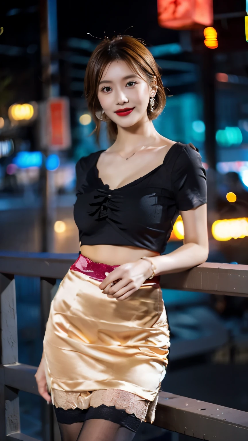 NSFW, 8K, masterpiece, RAW photo, highest quality, realistic, extremely detailed CG unity 8K wallpaper, Depth of bounds written, cinematic light, Lens flare, ray tracing, (very beautiful face, beautiful lips, beautiful eyes), face with intricate details, ((super dense skin)) 1 girl, in the dark, deep shadow, pretty asian girl, Idol, 1 girl, (very slim slender fit-muscled body:1.3), ((looking at the viewer)), (big smile:1.3), (tight lace blouse), ((hot pink color blouse)), (V-neck short sleeve) , (city night, dark night, (blurred background), dim light, cityscape, roof, beautiful earrings, bracelet, necklace, pantyhose, clear eyes, (white skin), (Big eyes), look forward, ((upper body shot)), ((Silk Red Color Skirt)), (brown hair), ((Tight-fitting skirt )), (looking at the viewer:1.3), open chest, (very slim), medium breasts, (laced stockings ), ((Laced ups and downs)), ((camel toe)), long hair