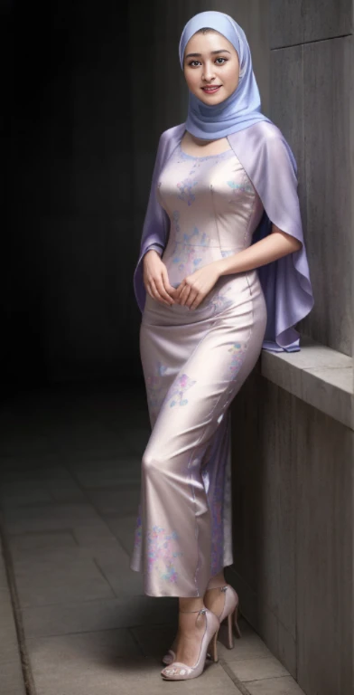 Luna Maya, slim faces, (RAW photo:1.2), (photorealistic:1.4),(masterpiece:1.3),(best quality:1.4),ultra high res,(detailed eyes),(detailed facial features),(detailed clothes features),HDR,8k resolution, skin tight, (((high detailed skin,visible pores))),1 girl, tall body, slim faces, body abs:1.2, , 30 years old, firm round breast:1.4, wearing tight close beie pastel floral silk malay gamis with hijab shawl, full body, beautiful shy smile,  wearing high heels