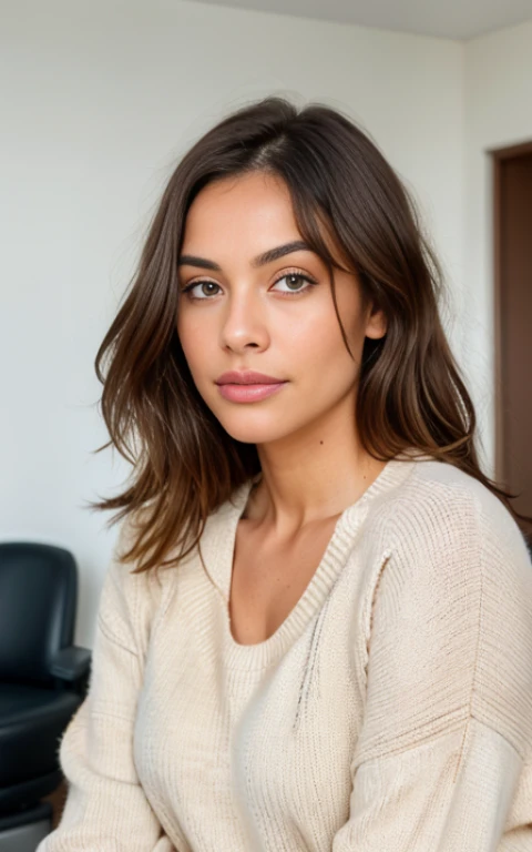Beautiful brunette in a light beige sweater (nail care in a modern beauty salon), very detailed, 38 years, innocent face, oval, natural wavy hair, Brown eyes, a high resolution, looking away, masterpiece, Best quality, complex parts, very detailed, Sharp Focus, Detailed skin, realistic skin texture, texture, Detailed eyes, professional, 4K, Charming smile, shot on Canon, 85 mm, Shallow depth of field, Kodak Vision Color, perfectly toned body, extremely detailed, photor_\(ultra\), photorealistic, Realistic, Treatment after, Maximum details, roughness, real life, ultra realist, photorealism, photo, 8k contract, photo