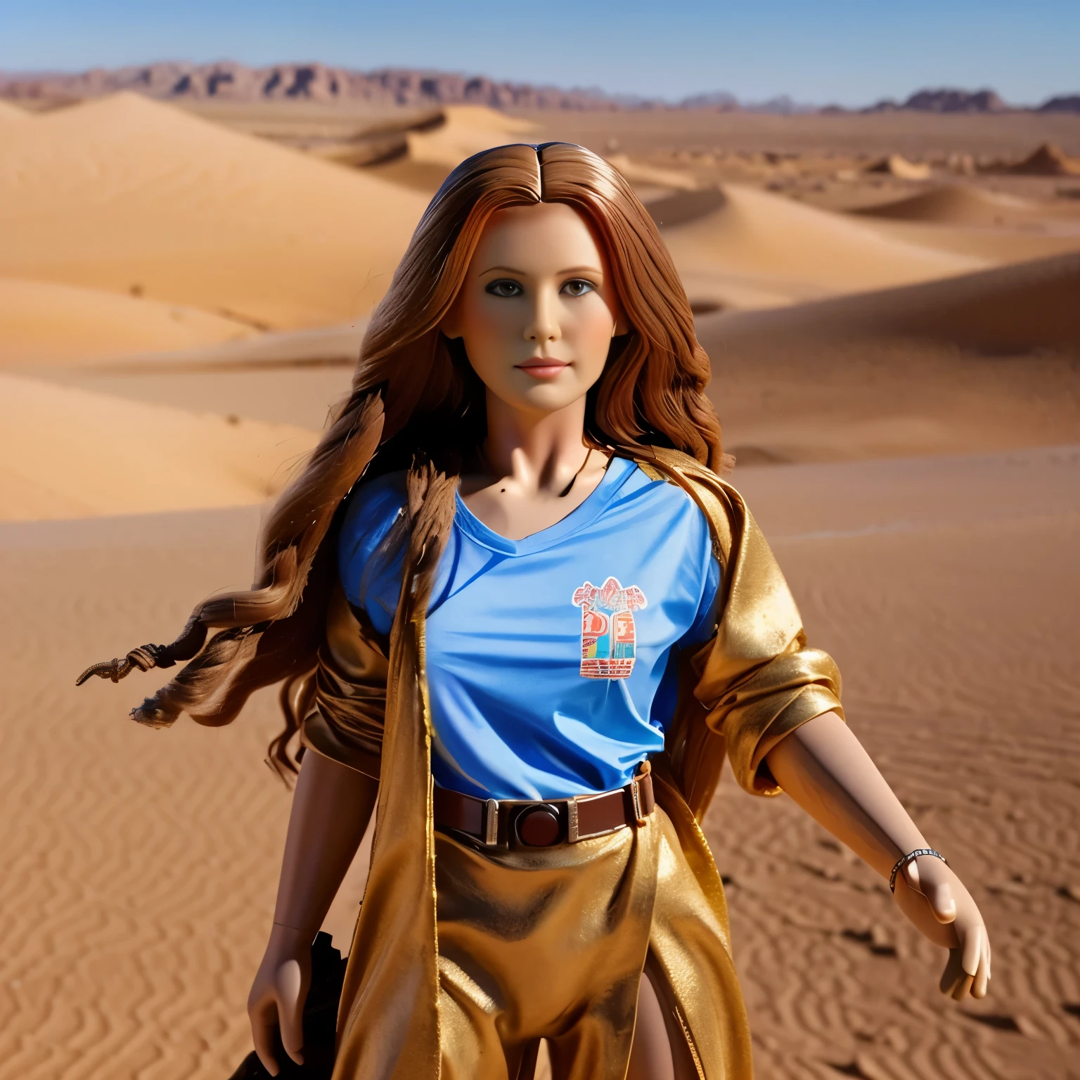 araffe doll Elle Alexandra with long hair and a blue shirt in a desert, toy commercial photo, standing next to desert oasis, android girl in egyptian ruins, as an action figure, somewhere in sands of the desert, standing in the desert, in desert, in a desert, portrait of barbie doll, barbie doll, futuristic in the desert, in the middle of the desert