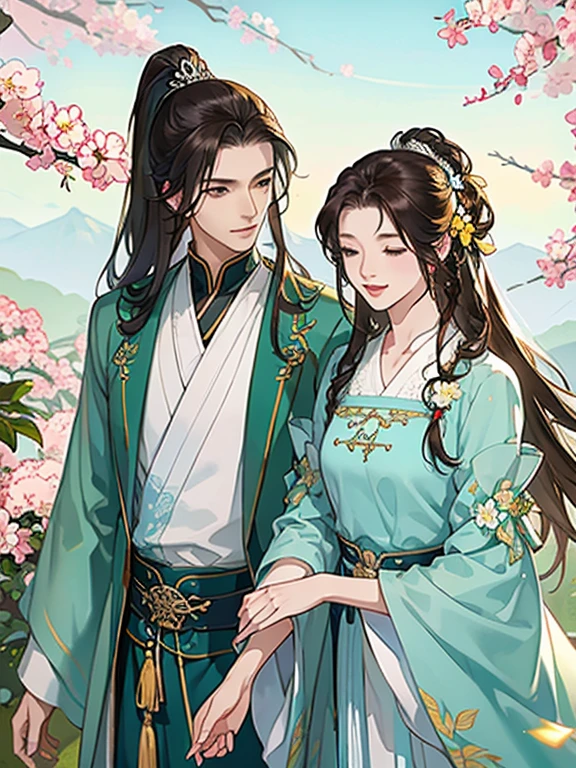 (best quality), ((masterpiece)), (highres), illustration, original, extremely detailed, licg, 1girl, 1boy, tree, long hair, closed eyes, brown hair, hair ornament, hetero, flower, blue sky, outdoors, hair flower, sky, chinese clothes, braid, smile, ponytail, day, dress, long sleeves, couple, wide sleeves, branch