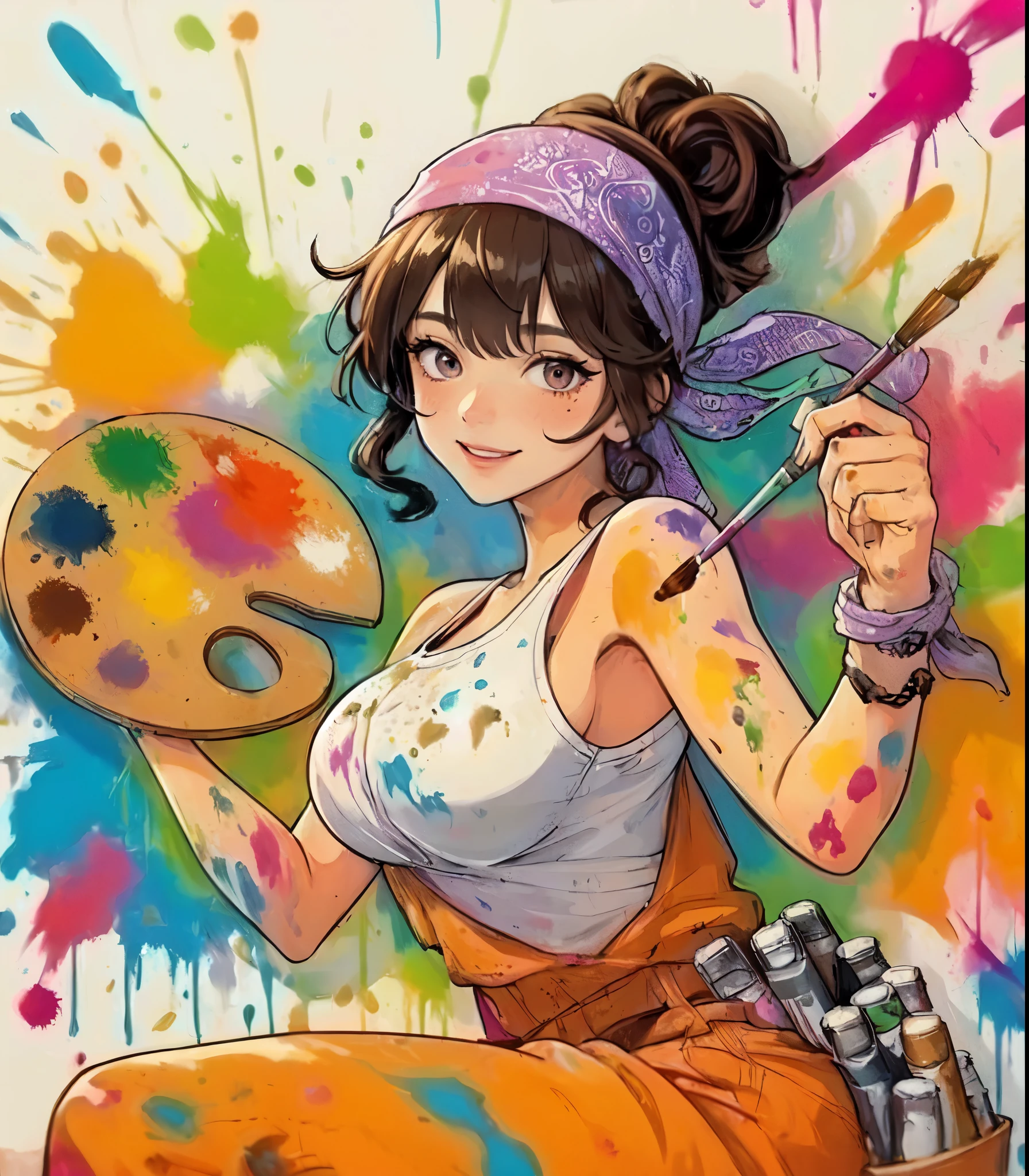 1lady solo, (painting (a spattering painting) on large white paper on the wall), (dynamic posing), (light blue jumpsuit splattered with various colors of paint) stylish, mature female, /(brown hair/) bangs (bandana:1.1), blush happy smile (energetically:1.1) teeth, (smeared with paints), (masterpiece best quality:1.2) delicate illustration ultra-detailed, large breasts BREAK (spattering painting) (ink splatter:1.1), (primary colors), (painting brush), (palette of paints) BREAK (artist's studio indoors), (ink splatter)