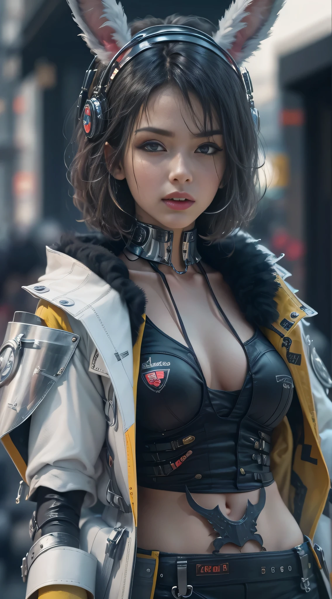 (meilleure qualité,4k,8K,Une haute résolution,chef-d&#39;œuvre:1.2),ultra-détaillé,(réaliste,photoréaliste,photo-réaliste:1.37),[Cyberpunk,Fille,Le centre de l’image,façade，mécanique,métallique,membre robotique,talons hauts，(Des ailes énormes),(Oreilles de lapin)],Paysage urbain futuriste,nuit,Suspendu dans la rue，éléments de science-fiction,Chic urbain,