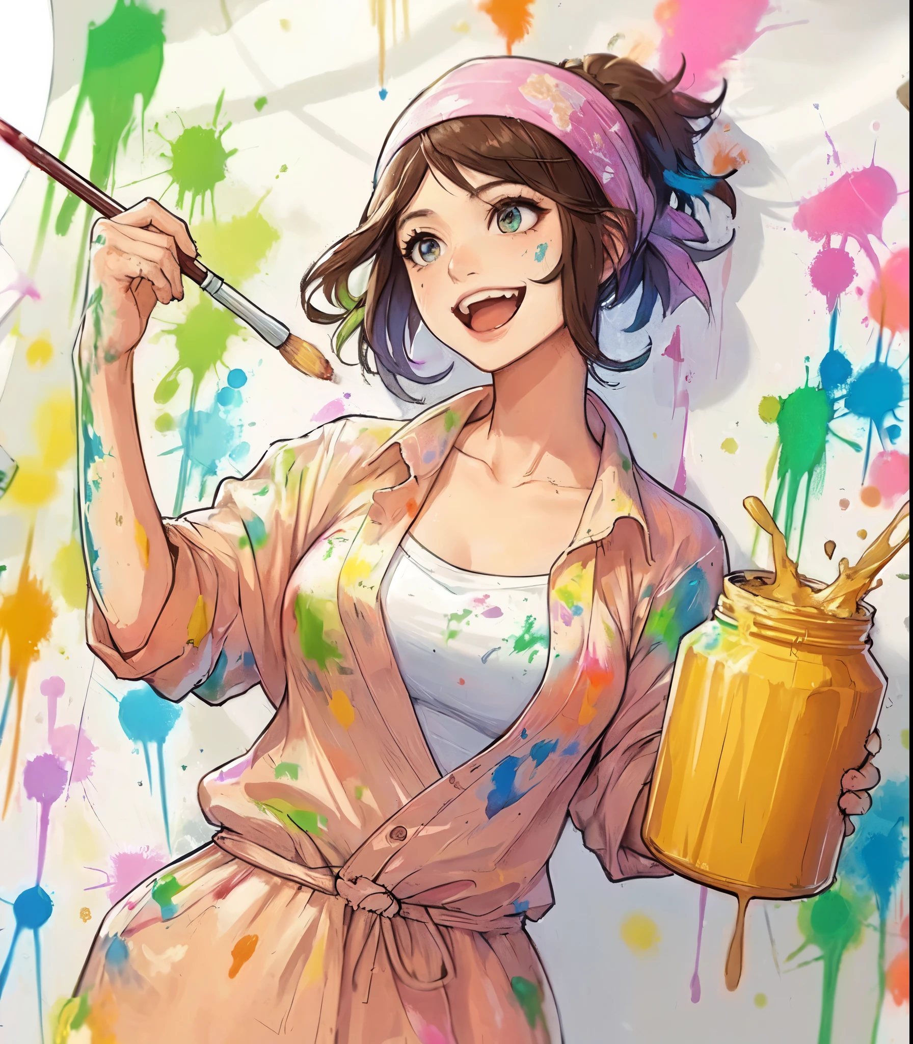 1lady solo, (painting (a spattering painting) on large white paper on the wall), (dynamic posing), (light blue jumpsuit splattered with various colors of paint) stylish, mature female, /(brown hair/) bangs (bandana:1.1), blush happy smile (energetically:1.1) teeth, (smeared with paints), (masterpiece best quality:1.2) delicate illustration ultra-detailed, large breasts BREAK (spattering painting) (ink splatter:1.1), (primary colors), (painting brush), (palette of paints) BREAK (artist's studio indoors), (ink splatter)