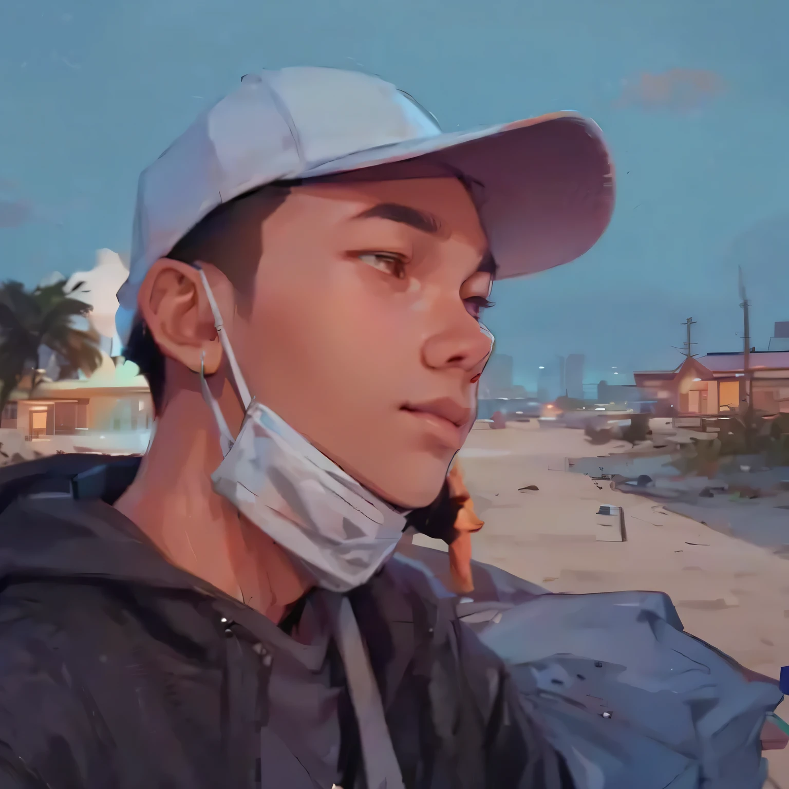 there is a man wearing a mask and a hat on the beach, profile pic, thawan duchanee, ruan cute vtuber, low quality photo, very very low quality picture, hong june hyung, profile picture 1024px, low quality video, yanjun chengt, album photo, hoang long ly, xintong chen
