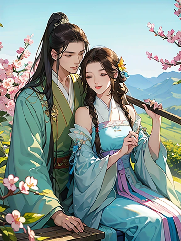 (best quality), ((masterpiece)), (highres), illustration, original, extremely detailed, licg, 1girl, 1boy, tree, long hair, closed eyes, brown hair, hair ornament, hetero, flower, blue sky, outdoors, hair flower, sky, chinese clothes, braid, smile, ponytail, day, dress, long sleeves, couple, wide sleeves, branch