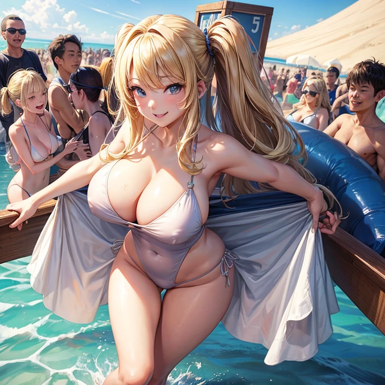 highest quality, masterpiece, blonde、gal、big breasts、tits、swimsuit、exposed、Slut、smug face、sexy pose、sandy beach、crowd