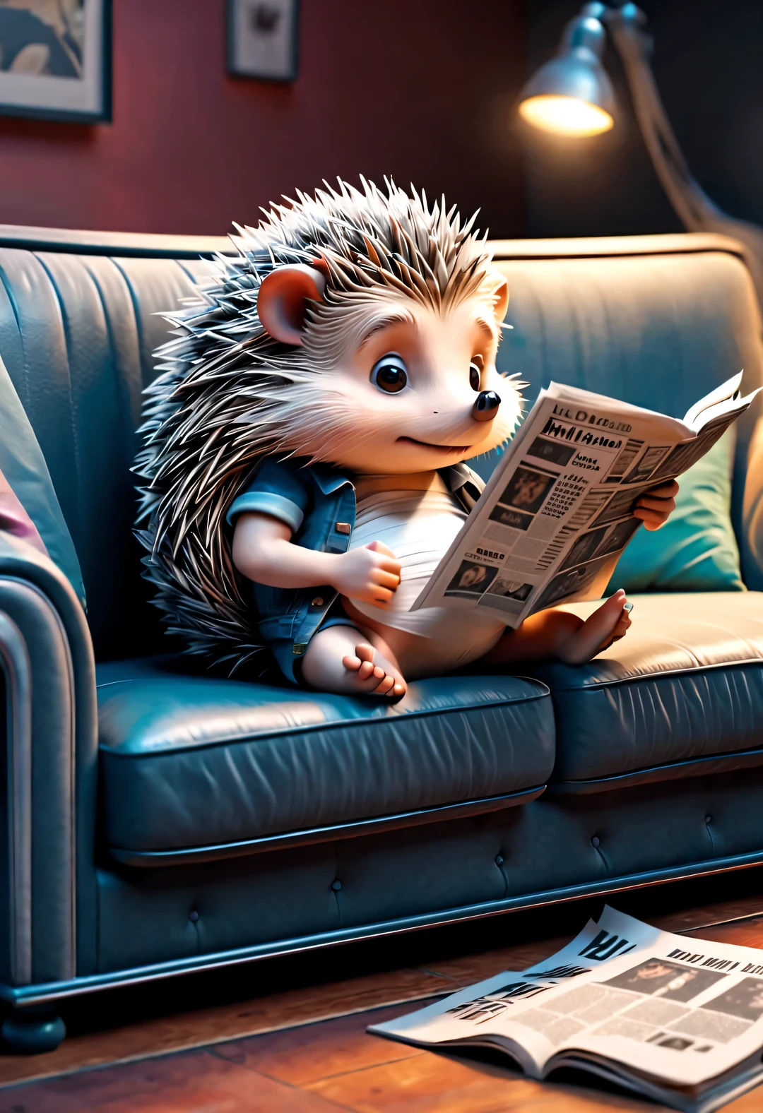 Chalkboard style, Cute cyborg hedgehog curled up on big sofa reading newspaper, beautiful details, hip hop clothing style,3d rendering, cartoon, illustration, Pixar, Japanese cartoons, ultra high definition, high quality, 32k,