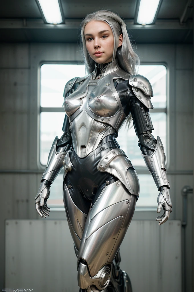 silver garment，tights，woman，Perfect body，Detail showcased，sexy，Fantasy，magic，Metal streamlined mecha，Streamlined machinery，Humanity，jumpsuit，Streamlined cyberpunk style，highest detail，Futurism，perfect girl，cute cyborg girl，Cyborg-silver-haired girl，beautiful women，Girl in mecha armor，HD，high quality， best quality ,